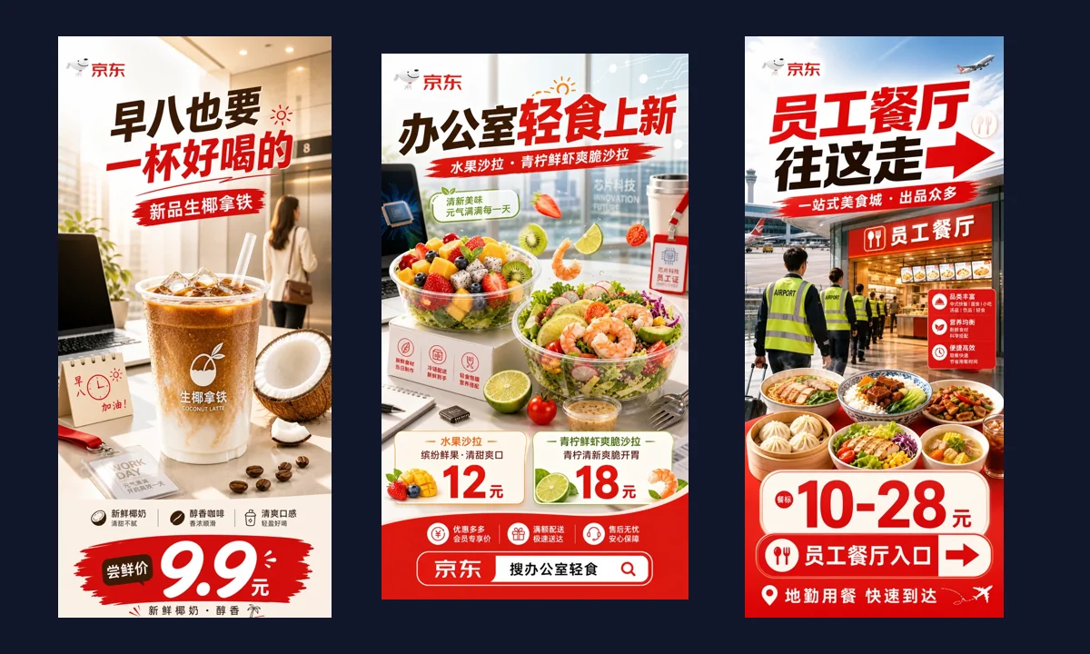 真实海报成果:生椰拿铁、办公室轻食与机场员工餐厅